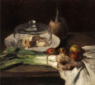 Still Life with Leeks, Apples, and a Cheese Plate with Glass Cover by Carl Schuch